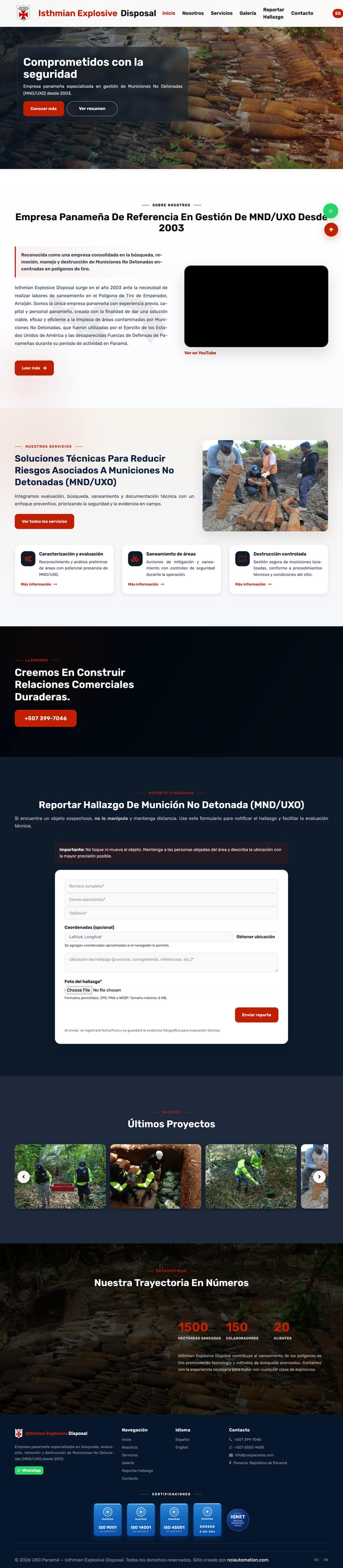 Full homepage of the UXO Panamá website